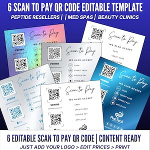 Puede incluir: Se presentan seis plantillas editables de códigos QR "Scan to Pay". Cada tarjeta presenta un código QR, el logotipo de Venmo y opciones de pago como efectivo, tarjeta de crédito, Google Pay y Apple Pay. El diseño incluye el texto "Scan to Pay" y "We Also Accept".