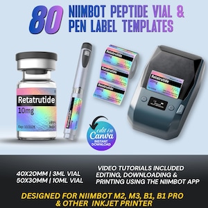 Peptide Label Template, Niimbot M2 M3 B1 Pro Peptide Vial Label, 3ml 10ml Vial Label, Custom Peptide labels, Digital Editable Canva Template