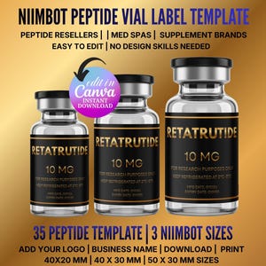 May include: Three peptide vial label templates with the text "RETATRUTIDE 10 MG". The labels are black and gold, with the text "FOR RESEARCH PURPOSES ONLY". The image also includes the text "NIIMBOT PEPTIDE VIAL LABEL TEMPLATE". The sizes are 40x20 mm, 40x30 mm, and 50x30 mm.