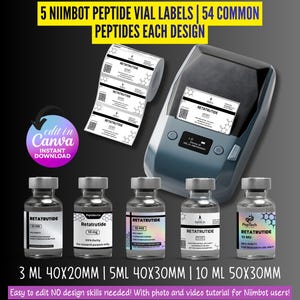May include: Image of a Niimbot label printer and vials labelled "Retatrutide". The labels are white with black text and a QR code. The vials are clear with silver caps. Text includes "5 NIIMBOT PEPTIDE VIAL LABELS" and "Easy to edit NO design skills needed!"
