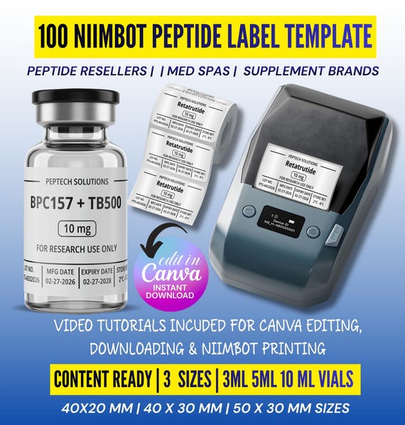 bpc-157 new zealand Niimbot Peptide Label Template, Retatrutide Peptide Label, Editable Niimbot M2 Custom Peptide Label, 3ml Peptide Vial Label, Canva Template Compound Semaglutide