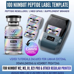 Pode incluir: Um modelo para 100 etiquetas de péptidos Niimbot. A imagem mostra um frasco, um rolo de etiquetas e uma impressora de etiquetas. As etiquetas são para Retratrutide, 10 mg, 99% de pureza. O texto diz "edit in Canva" e "download instantâneo."