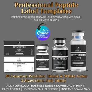 Pode incluir: Modelos profissionais de etiquetas de peptídeos em preto e branco. A imagem mostra frascos e etiquetas com o texto "RETATRUTIDE 20 MG". As etiquetas são para revendedores de peptídeos, marcas de pesquisa, spas médicos e marcas de suplementos.