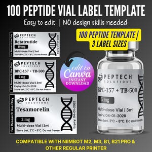 May include: A template for 100 peptide vial labels, featuring the text "Easy to edit | NO design skills needed." Includes labels for Retatrutide, BPC-157 + TB-500, and Tesamorelin. The template is compatible with various printers.