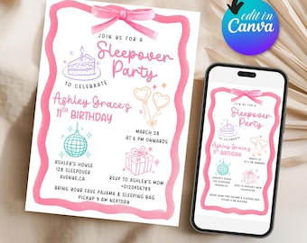 Bow Sleepover Birthday Invitation, Pink Coquette Bow Slumber Party Birthday Invite, Canva Editable Template (Instant Download)