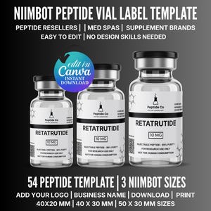 Pode incluir: Um modelo de rótulo de frasco de peptídeos, com três frascos com o texto "RETATRUTIDE 10 MG". Os rótulos incluem a marca "Peptide Co" e são projetados para uso em pesquisa. O modelo é fácil de editar e está disponível em três tamanhos.