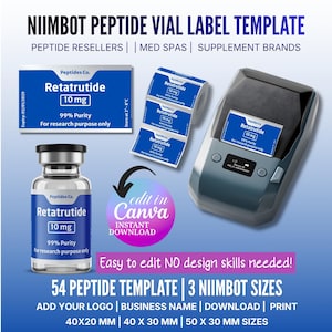Pode incluir: Um modelo para rótulos de frascos de peptídeos, com um frasco, rótulos e uma impressora de rótulos. Os rótulos exibem "Retatrutide 10 mg" e "99% Purity". O texto inclui "Edit in Canva" e "Instant Download".
