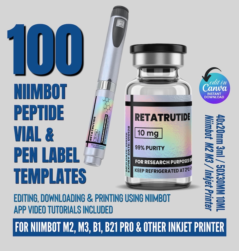 Niimbot Peptide Label Template, Retatrutide Peptide Label, Editable Niimbot Custom Peptide Label, 3ml Peptide Vial Label, Canva Template