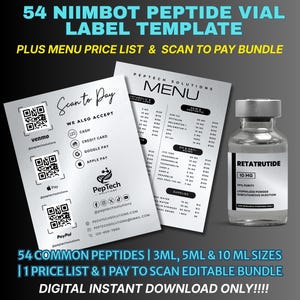 Puede incluir: Un paquete de descarga digital con una plantilla de etiqueta de vial de péptidos, un menú y opciones de pago con escaneo. La imagen incluye un vial etiquetado "Retatrutide 10 MG", junto con un menú y opciones de pago. El texto dice "54 Common Peptides".