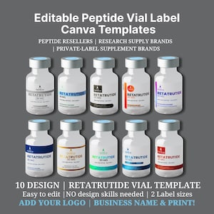 以下が含まれることがあります： Retatrutideのバイアルラベルデザイン10種類を掲載した画像。各ラベルには様々な色の帯と「RETATRUTIDE 30 MG」の文字が記載されています。上部のテキストには「編集可能なペプチドバイアルラベルCanvaテンプレート」と書かれています。