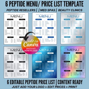 Puede incluir: Una plantilla de menú y lista de precios de péptidos, diseñada para revendedores de péptidos, spas médicos y clínicas de belleza. El diseño incluye seis diseños de menú editables con secciones para metabolismo y pérdida de peso, piel y estética, etc.