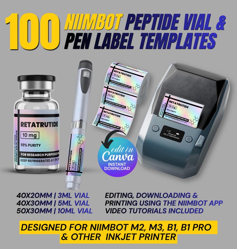 Niimbot Peptide Label Template, Retatrutide Peptide Label, Editable Niimbot Custom Peptide Label, 3ml Peptide Vial Label, Canva Template