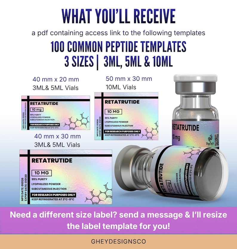 Niimbot Peptide Label Template, Retatrutide Peptide Label, Editable Niimbot Custom Peptide Label, 3ml Peptide Vial Label, Canva Template