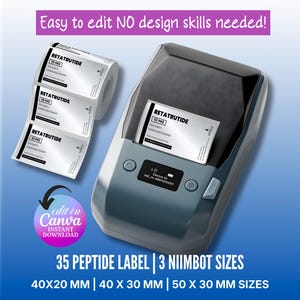 May include: A gray label printer with a roll of white labels featuring the text "RETATRUTIDE 10 MG." The image includes the text "Easy to edit NO design skills needed!" and "35 PEPTIDE LABEL | 3 NIIMBOT SIZES" with label sizes in millimeters.