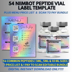 Puede incluir: Un paquete de descarga digital con una plantilla de etiqueta de vial de péptidos, menú y opciones de pago con escaneo. La imagen incluye viales etiquetados "Retratrutide" con 10 MG, y un menú con códigos QR para el pago. El paquete incluye 54 péptidos en tamaños de 3 ml, 5 ml y 10 ml.