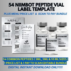 Puede incluir: Una plantilla digital para etiquetas de viales de péptidos, que incluye una lista de precios de menú y un paquete de pago con escaneo. La imagen muestra viales etiquetados como "Retatrutide 10 MG" y documentos de apoyo con opciones de pago y códigos QR.