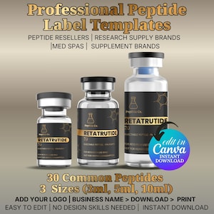 Pode incluir: Três frascos de vidro com rótulos pretos, cada um com a inscrição "RETATRUTIDE 20". Os frascos, da "Peptide Co.", estão disponíveis nos tamanhos de 3 ml, 5 ml e 10 ml. A imagem também inclui o texto "Professional Peptide Label Templates".