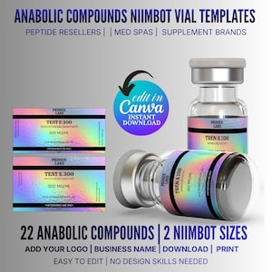 Puede incluir: Imagen de plantillas de viales para compuestos anabólicos. El diseño incluye etiquetas con acentos holográficos y texto como "TEST E 300" y "TREN A 100". La imagen también incluye el texto "Edit in Canva" y "Instant Download".