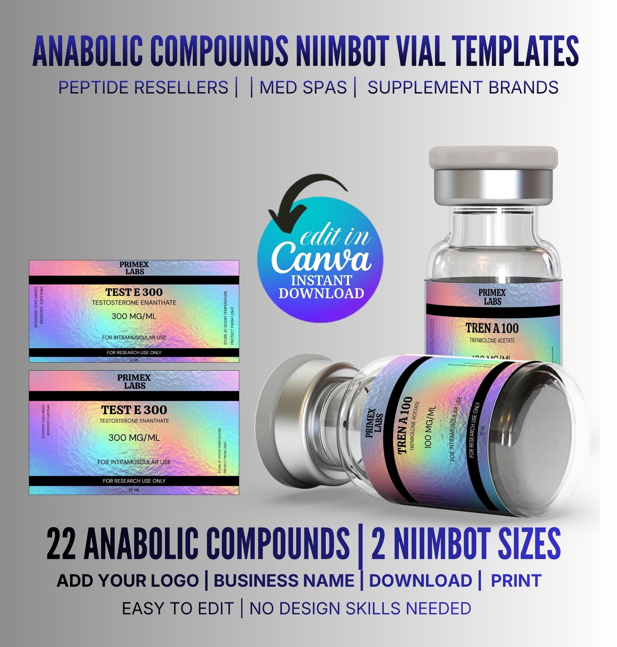 Testosterone Vial Label Template, Anabolic Steroid Label, Editable Custom Steroid Label Template 3ml 5ml 10 Ml Vial Label, Canva Template