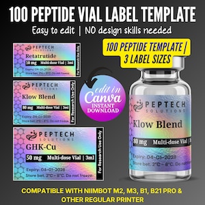 Pode incluir: Um frasco de vidro transparente com um rótulo que diz "Klow Blend 80 mg Multi-dose Vial | 3ml". A imagem também exibe um modelo de rótulo com o texto "100 Peptide Vial Label Template" e "Easy to edit | NO design skills needed".