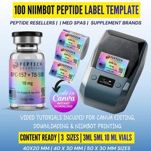 May include: An image showcasing a peptide label template with a vial, a roll of labels, and a label printer. The labels display "GHK-Cu" and "50 mg". The vial reads "BPC-157 + TB-500 10 mg". Text includes "Edit in Canva" and "Instant Download".