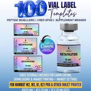 Niimbot Peptide Label Template, Retatrutide Peptide Label, Editable Niimbot Custom Peptide Label, 3ml Peptide Vial Label, Canva Template