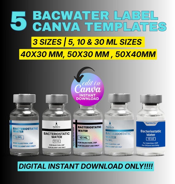 Bacteriostatic Water Label Template, Bac Water Labels, 10ml 30ml 50ml Vial Label Template, Editable Canva Template, Niimbot Label Template