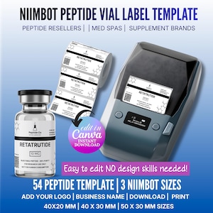 May include: A product image featuring a vial, a label printer, and a roll of labels. The labels and vial read "RETATRUTIDE". Text on the image includes "NIIMBOT PEPTIDE VIAL LABEL TEMPLATE" and "54 PEPTIDE TEMPLATE | 3 NIIMBOT SIZES". The vial is labeled 10 MG.