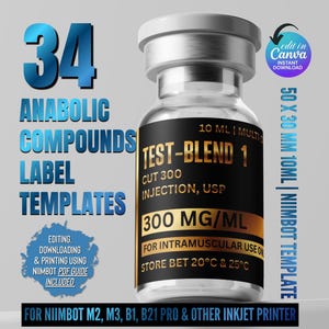 May include: A clear glass vial with a metallic cap featuring a black and gold label that reads TEST-BLEND 1, 300 MG/ML, and FOR INTRAMUSCULAR USE ONLY. The image includes text for 34 anabolic compounds label templates, 50 x 30 mm, and Niimbot compatibility.