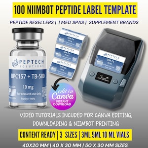May include: A product image featuring a clear glass vial with a label, a roll of labels, and a label printer. The vial contains 10 mg of BPC157 + TB-500. The labels are for GHK-Cu, 50 mg. The text reads "100 NIIMBOT PEPTIDE LABEL TEMPLATE".