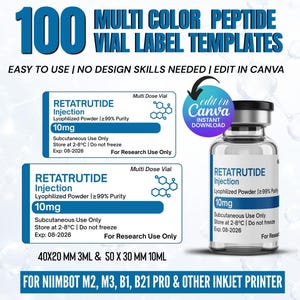 Könnte beinhalten: Eine digitale Grafik mit 100 mehrfarbigen Peptid-Fläschchen-Etikettenvorlagen für Niimbot M2, M3, B1, B21 Pro und andere Tintenstrahldrucker. Das Bild zeigt Text für Retatrutide Injektion, 10mg, 40x20 mm 3ml und 50x30 mm 10ml Etiketten.