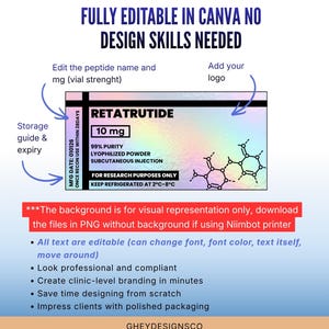 Niimbot Peptide Label Template, Retatrutide Peptide Label, Editable Niimbot Custom Peptide Label, 3ml Peptide Vial Label, Canva Template