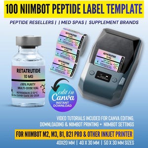 May include: A digital template set for 100 Niimbot peptide labels, featuring a clear glass vial with a holographic Retatrutide label, a roll of matching labels, and a portable label printer. Includes text for editing in Canva and printing.
