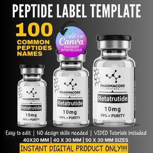 May include: Image of three glass vials labeled "Retatrutide 10mg 99% > PURITY" with a black and white molecular structure graphic. The text "PEPTIDE LABEL TEMPLATE" and "100 COMMON PEPTIDES NAMES" are at the top. The image also includes "edit in Canva" and size details.
