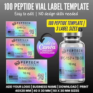May include: A template for 100 peptide vial labels, easy to edit. Includes three label sizes: 40x20 mm, 40x30 mm, and 50x30 mm. The labels feature the text "PEPTECH SOLUTIONS" and information on GHK-Cu, BPC-157 + TB-500, and Retatrutide.