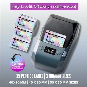May include: A dark grey thermal label printer with a holographic label featuring the text RETATRUTIDE 10 MG. A roll of matching holographic labels is shown to the left. Text on the image includes Easy to edit NO design skills needed, 35 PEPTIDE LABEL | 3 NIIMBOT SIZES, 40X20 MM | 40 X 30 MM | 50 X 30 MM SIZES, and edit in Canva INSTANT DOWNLOAD.