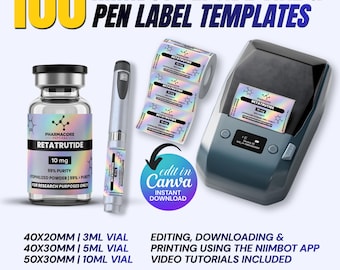 Niimbot Peptide Label Template, Custom Peptide Design, Vial Label Template, 3ml 10 ml Label, Retatrutide Labels, Editable Canva Template