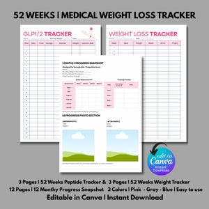GLP1 チルゼパタイドトラッカー、注射ペプチドトラッカー、医療減量トラッカー、チルゼパタイドトラッカー編集可能なCanvaテンプレート