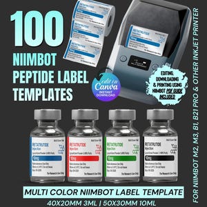 Mall för Niimbot-peptidetikett, Retatrutide-etikett, mall för Niimbot-etikett i två färger, etiketter för 3 ml och 5 ml injektionsflaskor, Niimbot M2 M3, redigerbar Canva