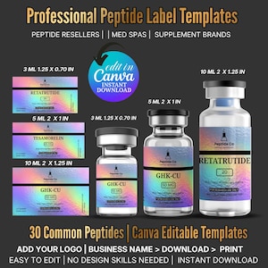 Peptide Vial Label Template, Retatrutide Peptide Label, Editable Custom Peptide Label Template 3ml 5ml 10 ml Vial Label, Canva Template