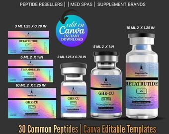 Peptide Vial Label Template, Retatrutide Peptide Label, Editable Custom Peptide Label Template 3ml 5ml 10 ml Vial Label, Canva Template