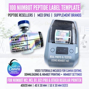 Mall för Niimbot-peptidetikett, etikett för retatrutidepeptid, redigerbar Niimbot M2 anpassad peptidetikett, etikett för 3 ml peptidflaska, mall för Canva