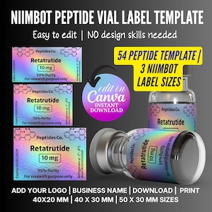 Pode incluir: Um modelo para rótulos de frascos de peptídeos com o texto "NIIMBOT PEPTIDE VIAL LABEL TEMPLATE". O design inclui rótulos com "Retatrutide 10 mg" e "99% Purity". O modelo é fácil de editar e vem em 3 tamanhos.