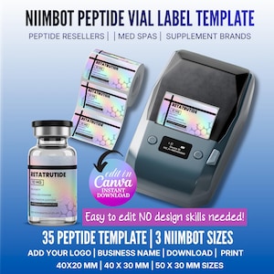 May include: An image promoting a peptide vial label template. It shows a vial, a roll of labels, and a label printer. The labels and vial are labelled "RETATRUTIDE 10 MG". The image also includes the text "Edit in Canva Instant Download". The template is for 40x20 mm, 40 x 30 mm, and 50 x 30 mm labels.