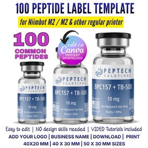 May include: A digital template for peptide labels, featuring three vials labeled "BPC157 + TB-500" with 10 mg of the solution. The template includes the text "100 Common Peptides" and is designed for Niimbot M2 printers. The labels are available in 40x20 mm, 40x30 mm, and 50x30 mm sizes.