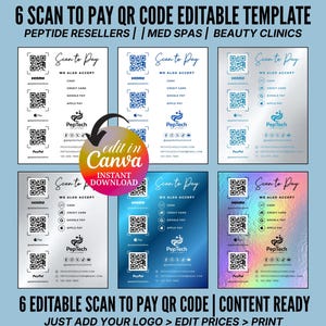 Puede incluir: Plantilla digital con seis diseños de códigos QR editables. Cada diseño incluye opciones de pago como Venmo, efectivo, tarjeta de crédito, Google Pay y Apple Pay. Ideal para revendedores de péptidos, spas médicos y clínicas de belleza.