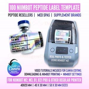 Mall för Niimbot-peptidetikett, etikett för retatrutidpeptid, redigerbar anpassad Niimbot-peptidetikett, etikett för 3 ml peptidflaska, mall för Canva