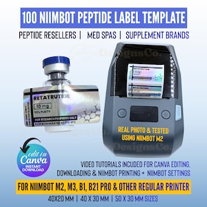 Niimbot Peptide Label Templates, Holographic Peptide Labels, Niimbot M2 M3 B21 B1 Labels, Peptide Therapy Medical Vial Labels Editable Canva