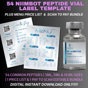 Puede incluir: Un paquete de descarga digital con una plantilla de etiqueta de vial de péptidos, menú y opciones de pago con escaneo. La imagen incluye un vial etiquetado "RETATRUTIDE 10 MG" y un menú con listados de péptidos. El texto incluye "54 péptidos comunes" y "¡Descarga instantánea digital!"