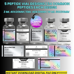 Op de afbeelding: Digitaal ontwerp met vijf peptide flacon ontwerpen met labels. Elk flesje is gelabeld met "Retatrutide 10 MG" en bevat details zoals zuiverheid en injectie-instructies. Het ontwerp bevat ook labels voor de flesjes.